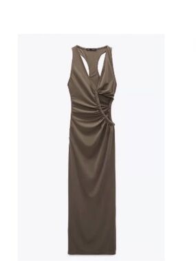 Zara Olive Brown Sleeveless V-Neck Ruched Maxi Dress